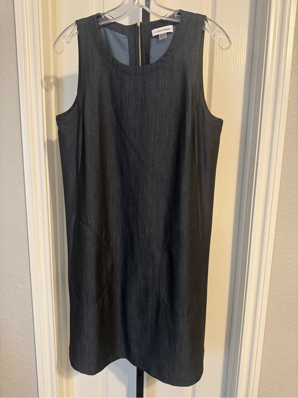 Calvin Klein Women's Navy Stretch Fine Denim Trapeze Dress with Pockets 0091